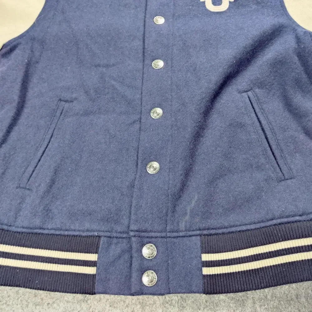 True Religion Jacket Mens XL Blue Cream Varsity Letterman Wool Blend Snap Front